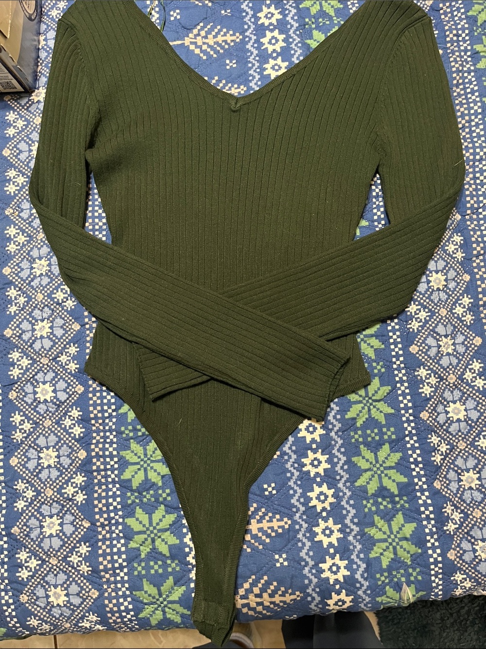 Love Tree Ribbed V-Neck Bodysuit - Olive Green